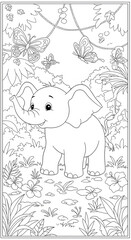 Adorable baby elephant stands in a jungle surrounded by tropical plants and butterflies.