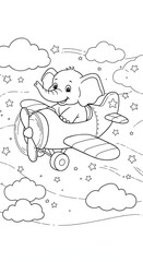 Elephant soars through a starry sky in a small plane, cartoon illustration.