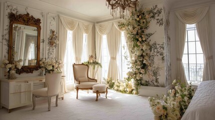 Fototapeta premium Lavish bridal suite with soft whites, floral wallpaper, and ornate mirror 