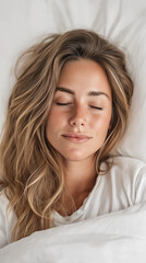 Fototapeta premium Woman peacefully sleeping on soft bed sheets 