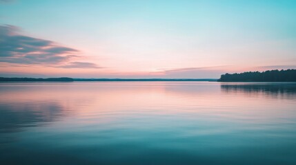 Naklejka premium Pastel sunset reflected in calm lake with distant shoreline