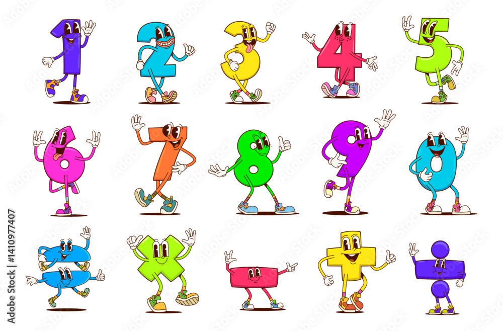 Poster math number groovy characters, vector retro happy mathematics symbol and digit personages. kids math