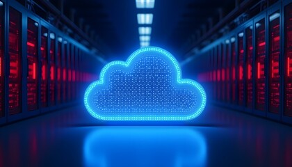 Illuminated glowing cloud icon in a cutting-edge server room, representing advanced cloud computing technology, storage solutions, and secure data exchange in modern business environments.