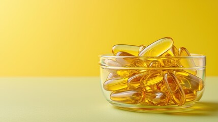 Transparent bowl filled with golden gel capsules on yellow background