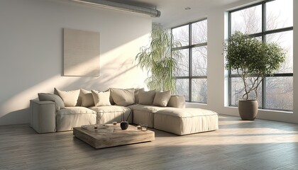 This modern living room interior features an L-shaped sofa, wooden table, and natural light through large windows. Ideal for interior design showcases, real estate ads, or lifestyle blogs. 
