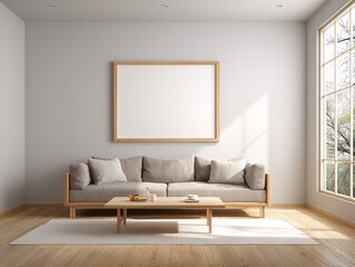 A minimalist living room with neutral tones, framed artwork, and ample natural light. Perfect for interior design portfolios or home decor branding.