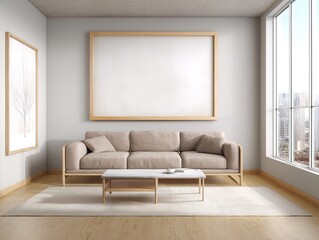 A minimalist living room with neutral tones, framed artwork, and ample natural light. Perfect for interior design portfolios or home decor branding.