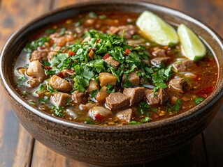 Spicy rice noodle soup with sesame-coated tofu cubes, chili oil, chopped cilantro, and lime wedges in earthenware bowl on wooden table