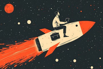 Businessman Riding Rocket Through Space