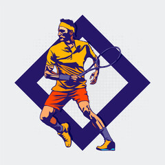 Obraz premium Colorful vector illustration of a male tennis player in action, swinging a racket with dynamic movement. Sport concept with bold shapes, energetic pose, and modern graphic style