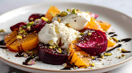 Vibrant Photorealistic Beet and Burrata Salad with Citrus and Nuts on Elegant Plate