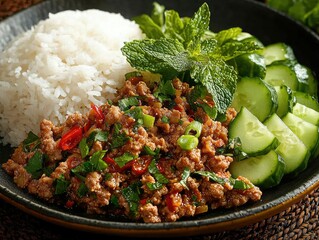 Thai pork larb dish with white rice, cucumber slices, fresh mint, and diced chili, arranged on a black ceramic plate