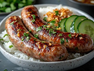 Whole grilled Moo Yor sausages with rice and cucumber slices on a speckled plate, topped with fried garlic and herbs