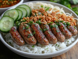 Moo Yor sausage bowl with rice, cucumber, and crispy garlic bits, served over rice noodles and garnished with chopped herbs