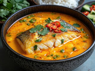 Gaeng Som with crispy seared fish fillet, jasmine rice, and spicy turmeric curry, served with cilantro salad and red onion salsa