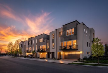 Modern townhouses at sunset illustrate suburban luxury for real estate marketing. Large windows and landscaped streets convey comfort and prestige. 