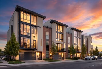 Naklejka premium Modern townhouses at sunset illustrate suburban luxury for real estate marketing. Large windows and landscaped streets convey comfort and prestige. 