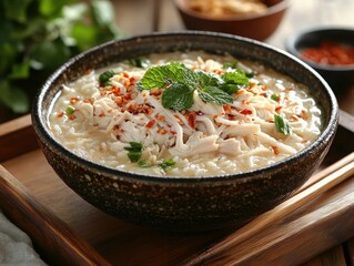 Khao Poon noodle soup with coconut broth, shredded chicken, red pepper flakes, and herbs in a ceramic bowl, served with wooden chopsticks