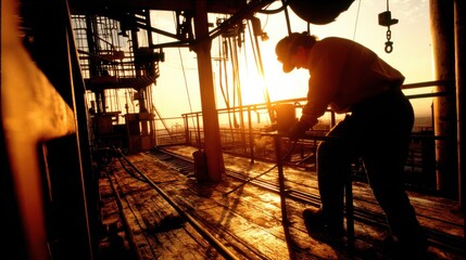 Fototapeta premium Oil Rig Worker Silhouette at Sunset