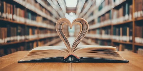 A book lies open forming a heart shape against a blurred library background creating a romantic and studious mood Perfect for education and love concepts