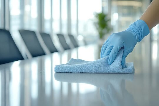 A hand in a blue glove wipes a clean table with a blue microfiber cloth in a modern office setting. Perfect for cleaning and hygiene concepts.