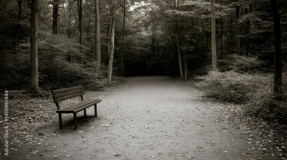 Poster empty path in dark forest with bench