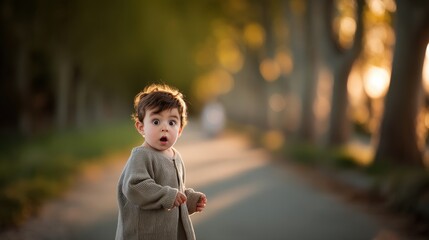 Surprised Child on Tree-Lined Path
