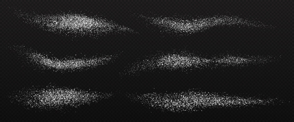 Powder salt splashes with white dust, crystals and grains realistic textures, vector 3d food seasonings. Rock or sea salt mineral crystal scatters and wave splashes set at dark transparent background