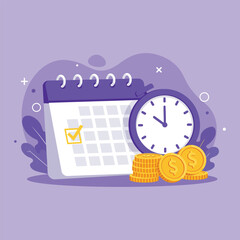 Time Management and Financial Planning – Calendar, Clock, and Coins Illustration for Budgeting and Scheduling