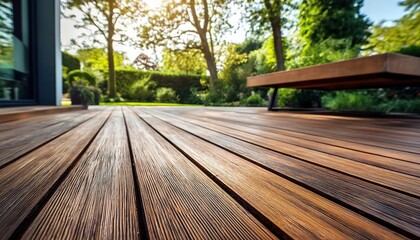 A wooden deck with plants and seating embodies indoor-outdoor living harmony. Suitable for patio design or lifestyle content