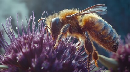 A detailed macro shot of a bee on a purple flower
