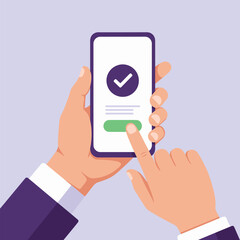 Fototapeta premium Hand holding a smartphone with a checkmark, symbolizing approval or successful action.