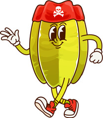 Pirate sailor star fruit groovy cute character. Pirate bandit ripe tropical fruit groovy cute character, corsair sailor juicy carambola cartoon vector funny mascot wearing bandana with Jolly Roger