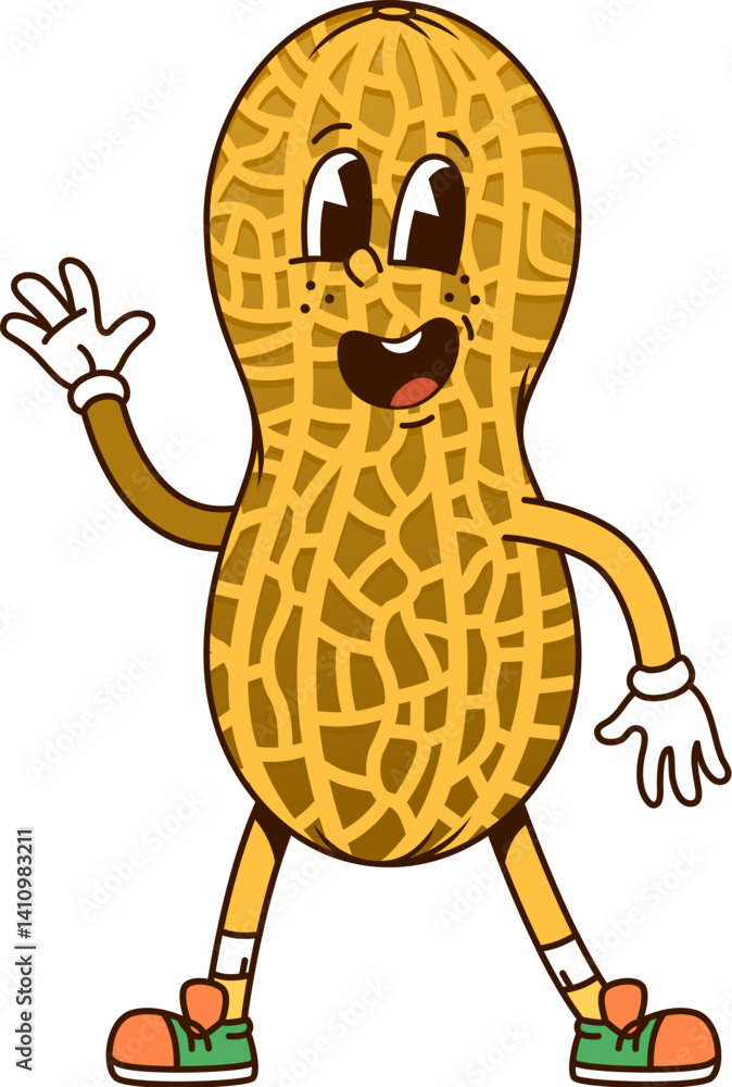 Aufkleber Cartoon groovy peanut nut pod character is smiling, waving hand and showcasing a friendly and happy expression. Isolated vector cheerful peanut healthy personage with expressive eyes and y2k sneakers