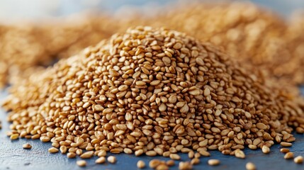 Obraz premium Pile of tan sesame seeds on bluish surface, shallow depth, blurred background