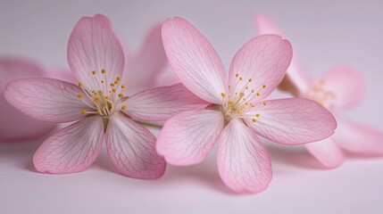 Obraz premium Pink blossoms with yellow stamens, lying on a soft, pale background
