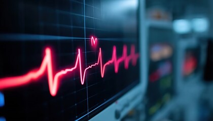 A red ECG waveform on a medical monitor signifies heart health monitoring. Crucial for hospitals or research, it visualizes cardiac activity