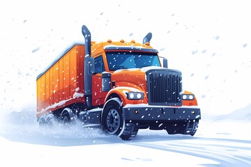 Winter Truck Transportation. Orange Freight Vehicle Navigates Snowy Roads in Mountain Landscape