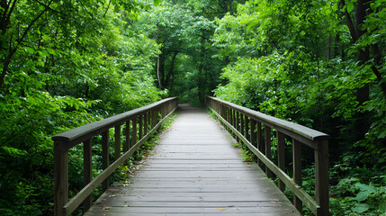 Wooden Bridge Through Lush Green Forest