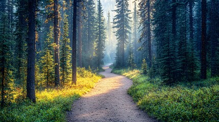 Fototapeta premium Winding nature path in serene forest morning light landscape photography tranquil environment scenic viewpoint