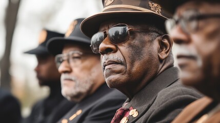Fototapeta premium Veterans in uniform attentively listening during a ceremony.