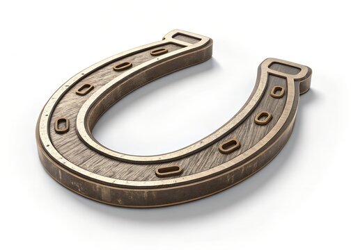 Horseshoe Charm: A rustic wooden horseshoe, with an ornate golden trim,  is displayed against a  minimalistic background, embodying the enduring symbol of good luck and fortune. 