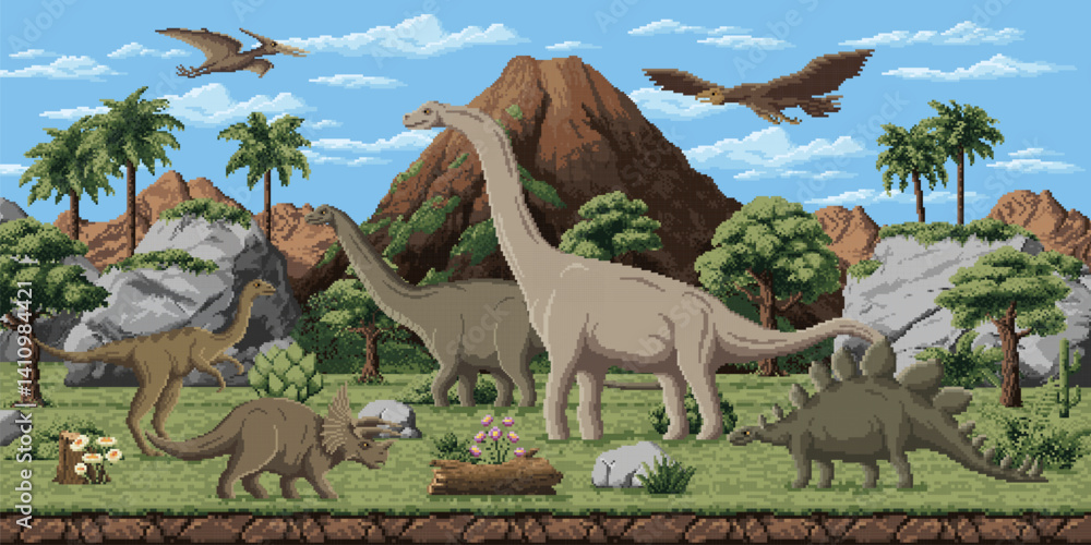 Poster prehistoric dinosaurs in 8bit pixel art for game landscape, vector background. cartoon 8 bit pixel a