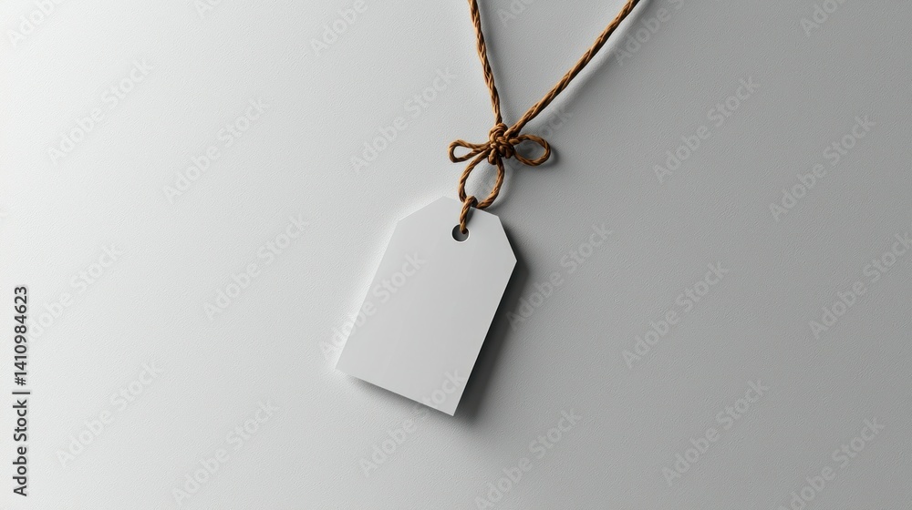 Poster plain white tag with a tied brown string on a subtle gradient backdrop