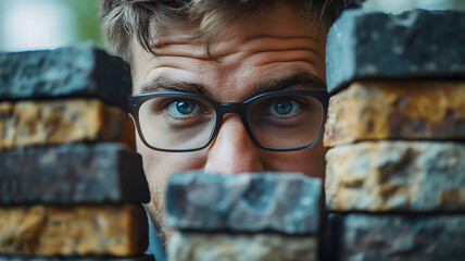 Man Peeking Through Stacked Bricks