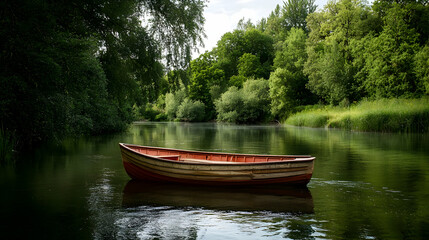 Obraz premium Wooden Rowboat On Calm River In Forest