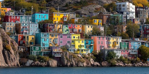 Naklejka premium This image depicts vibrant houses on a rocky slope near water, ideal for travel or coastal-themed design. Symbolizing harmony between human habitation and nature