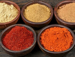 Colorful assortment of spices in rustic wooden bowls.  Perfect for culinary, food blog, or recipe websites.