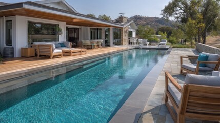 Fototapeta premium Luxury pool deck with teak furniture and seamless edge 