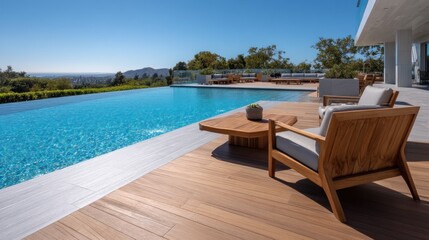 Luxury pool deck with teak furniture and seamless edge  